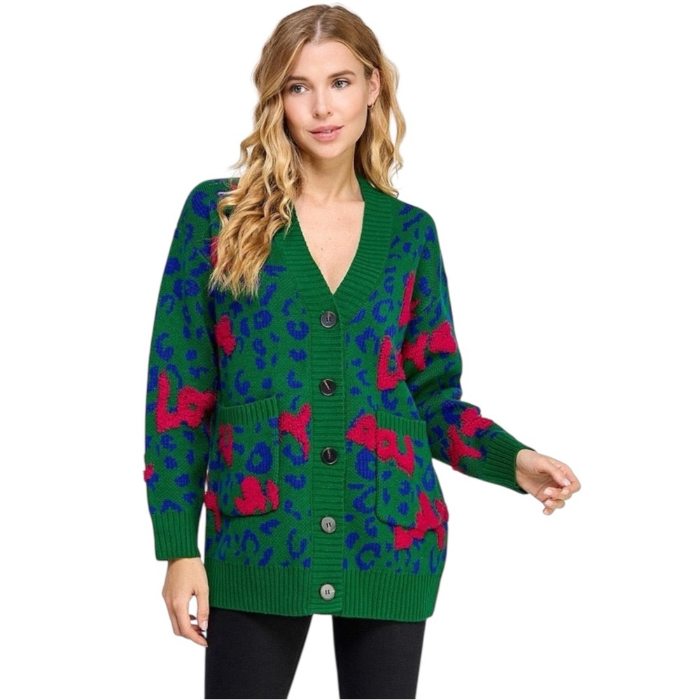 Green Graphic Leopard “Love” Cardigan Sweater Bold Print Button Front S/M - M/L
